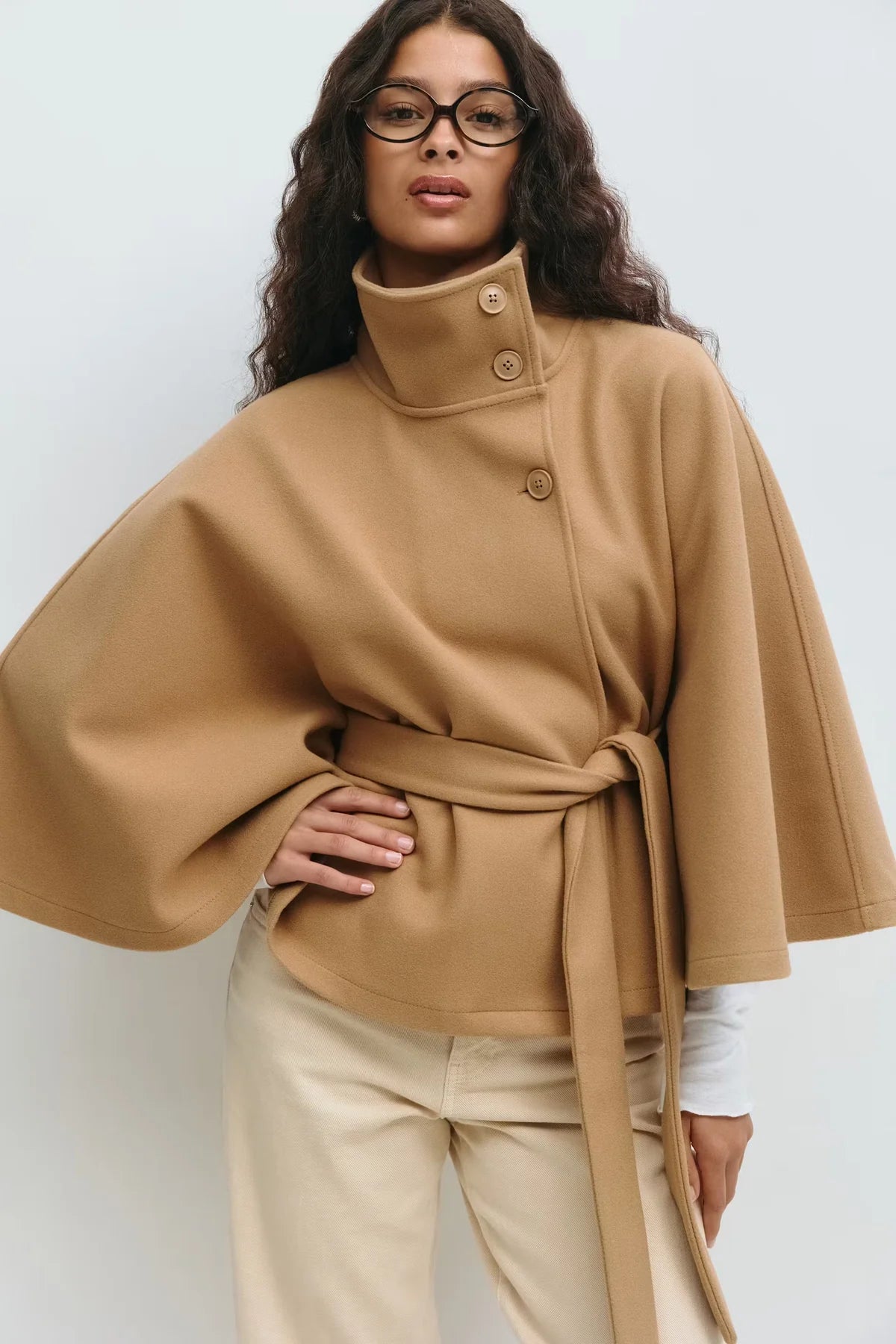 Belted Button Up Poncho Coat