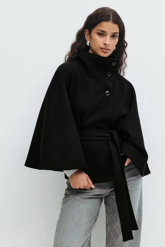 Belted Button Up Poncho Coat