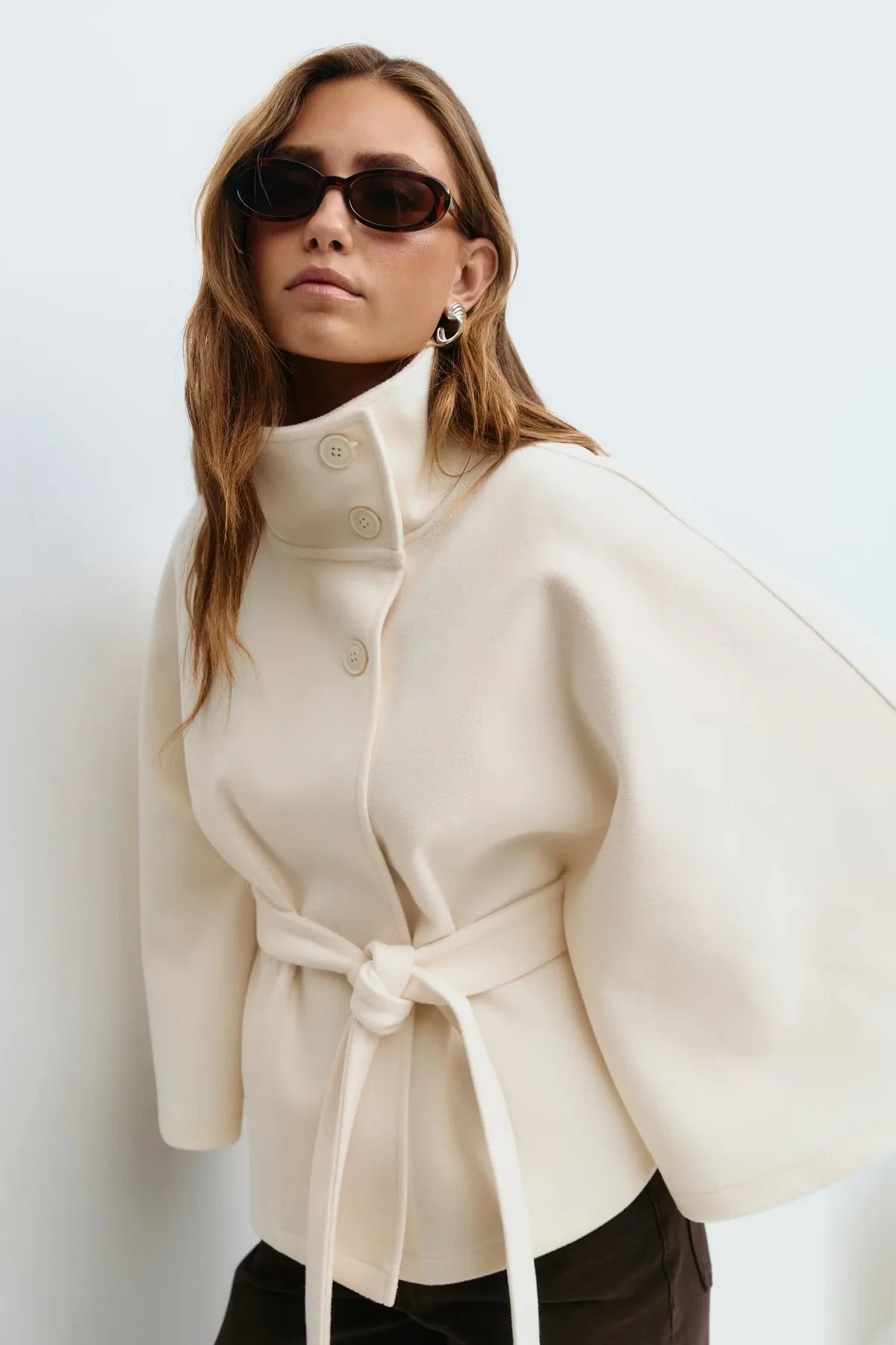 Belted Button Up Poncho Coat