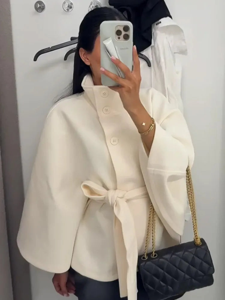 Belted Button Up Poncho Coat