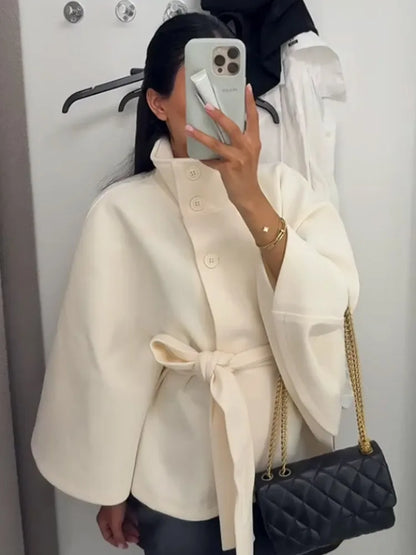 Belted Button Up Poncho Coat