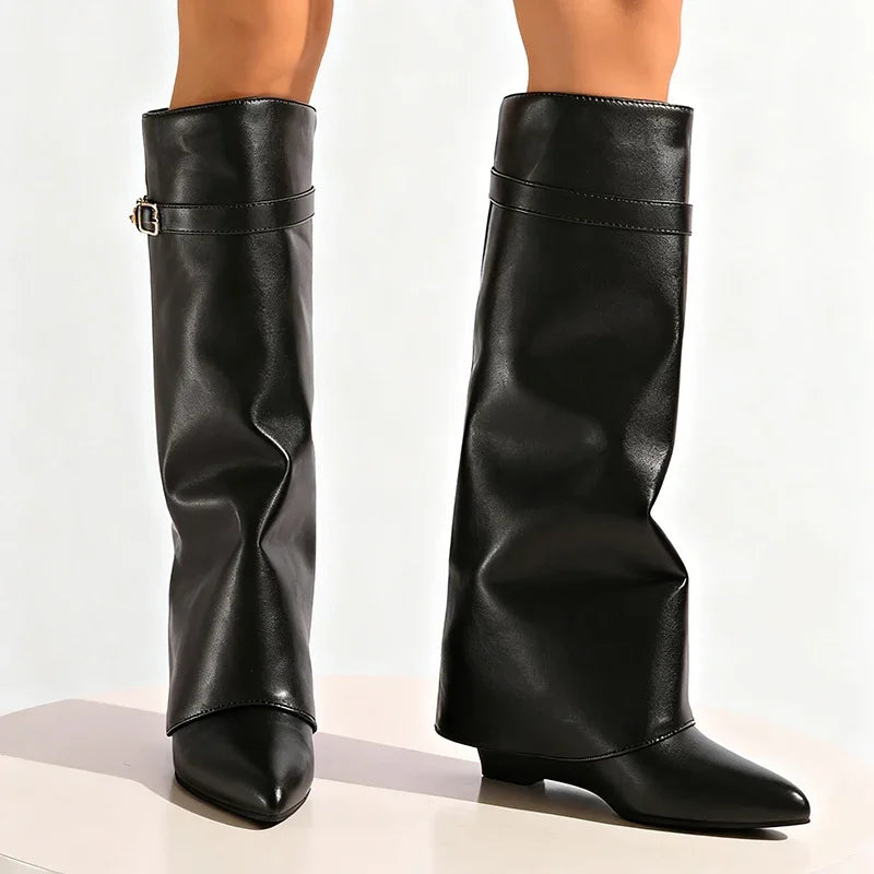 Black Pu Leather Knee High Boots