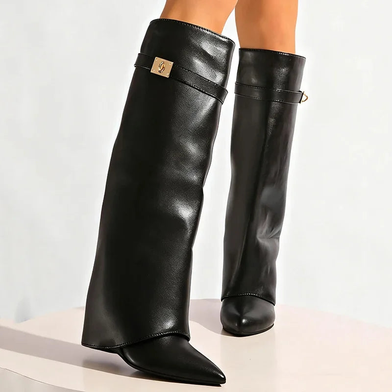 Black Pu Leather Knee High Boots