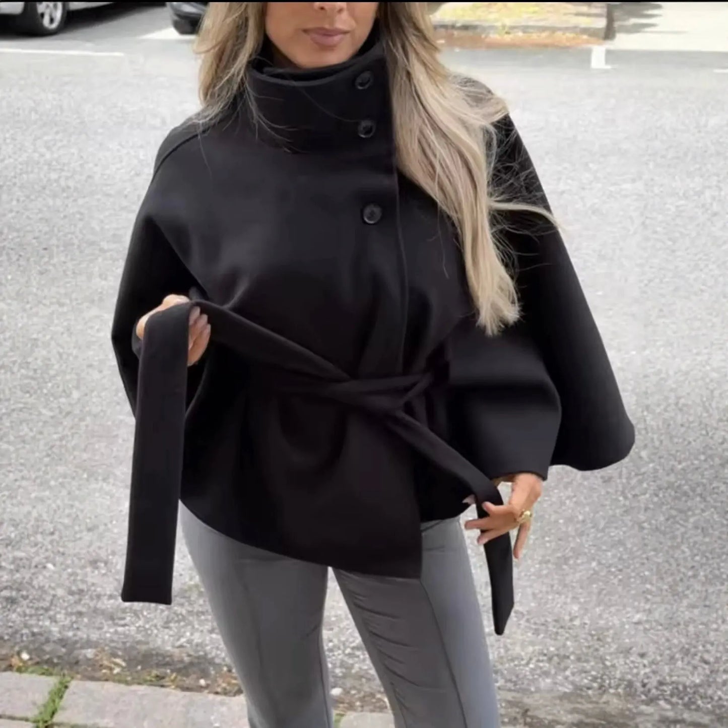 Belted Button Up Poncho Coat