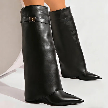 Black Pu Leather Knee High Boots