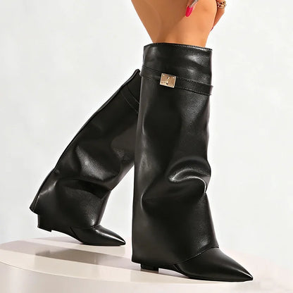 Black Pu Leather Knee High Boots